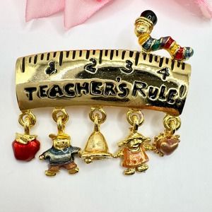 Vintage Danecraft Teachers Rule! Pin Brooch Ruler Charms Worm Cute Whimsical